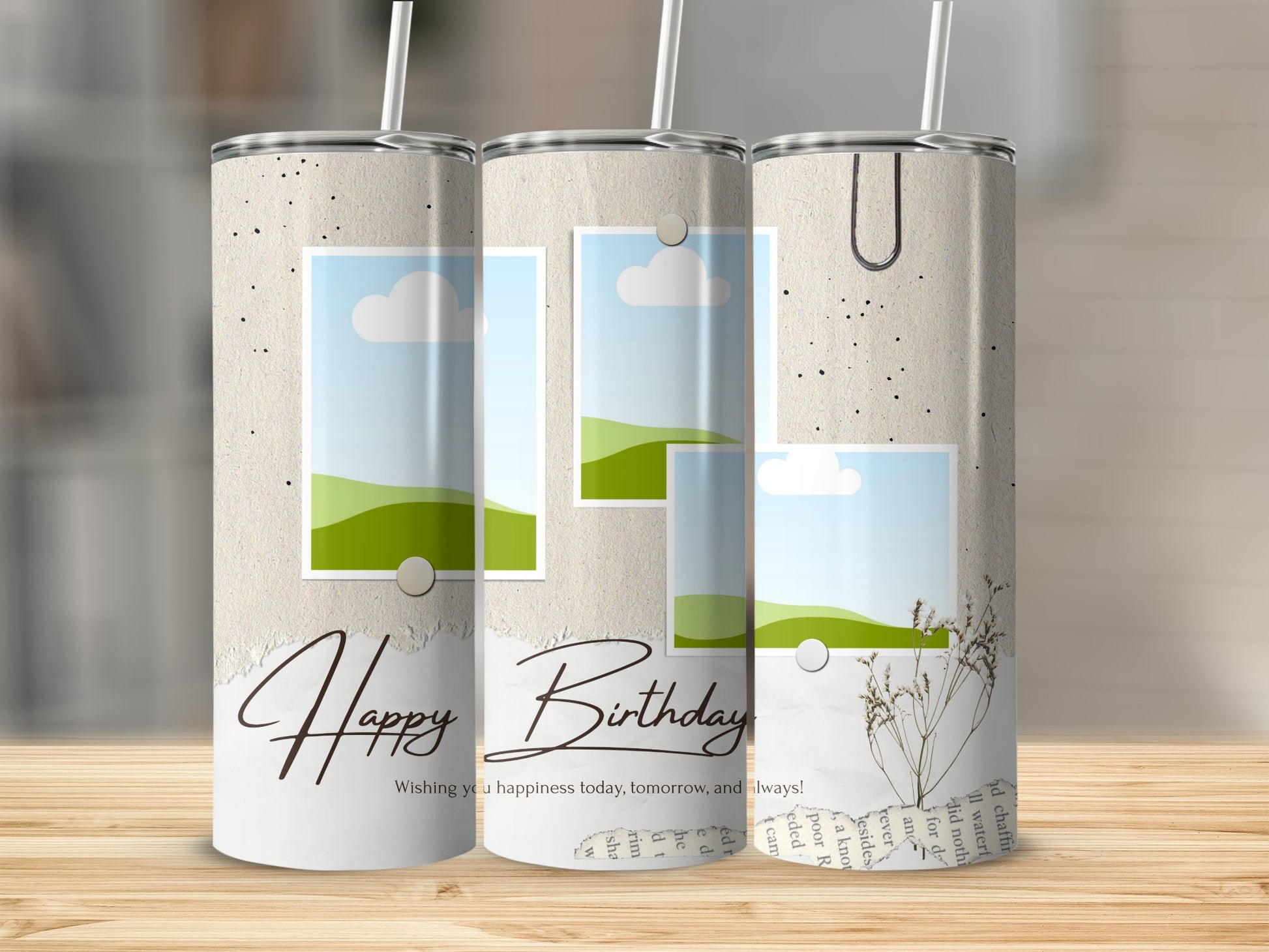 Three tumblers with "Happy Birthday" text, photo frames, and floral accents.