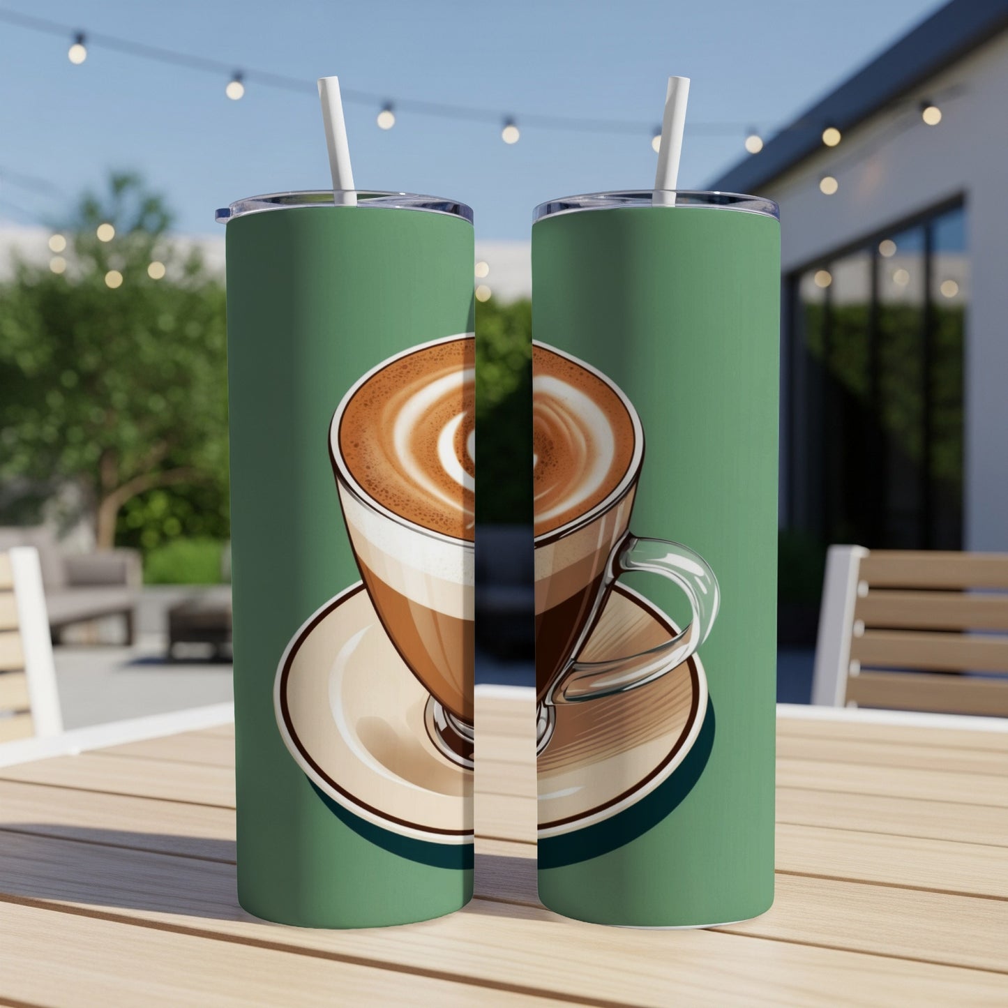 Two green tumblers featuring a steaming latte with foam art.