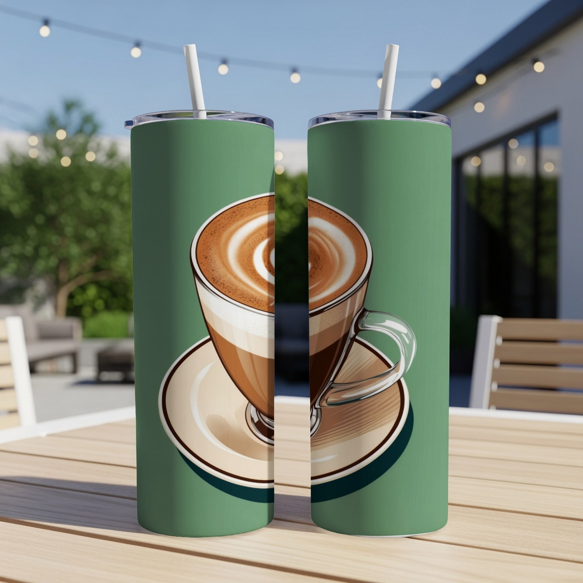 Two green tumblers featuring a steaming latte with foam art.