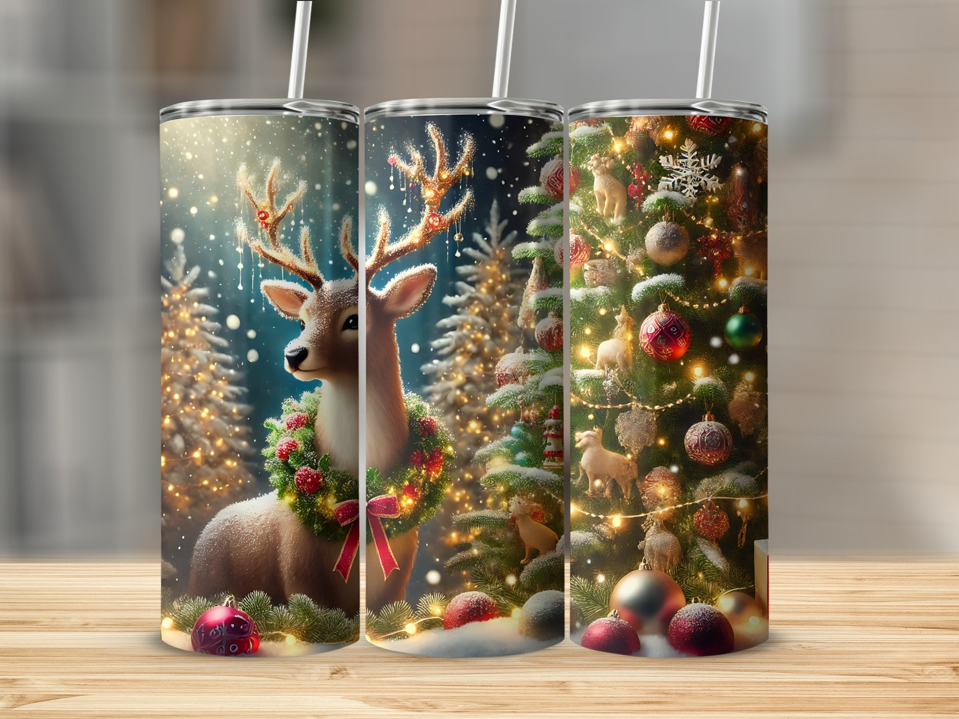 Reindeer with wreath, snowy Christmas trees, and ornaments on three tumblers.