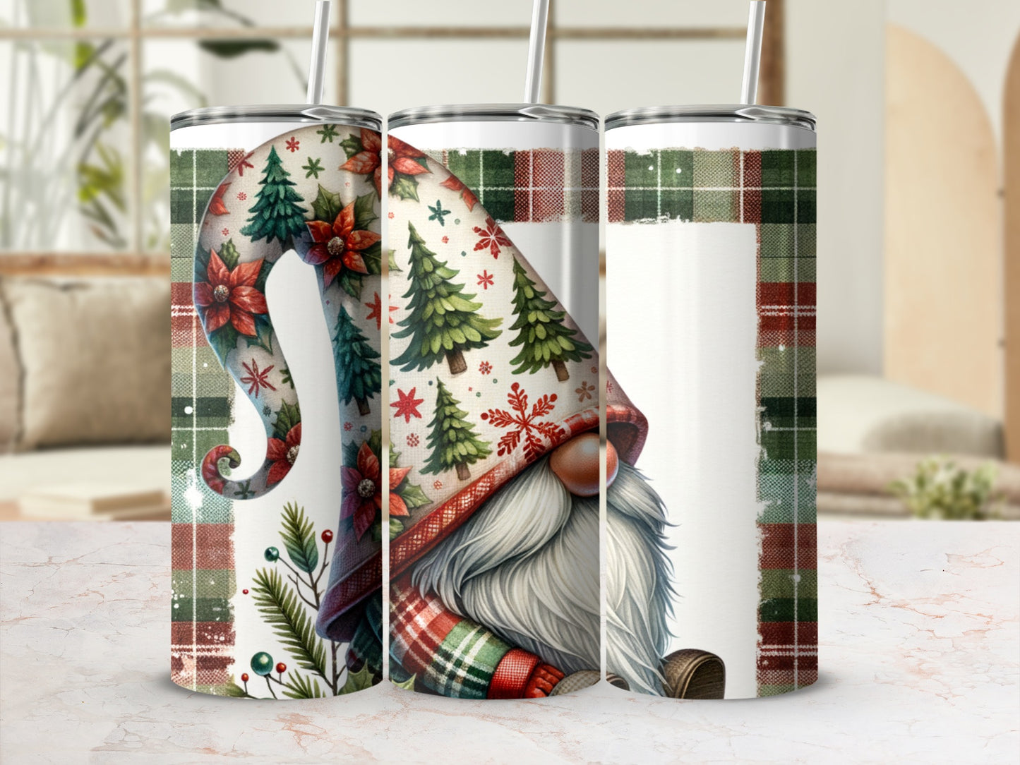 Christmas gnome tumbler with plaid, snowflakes, and poinsettias.