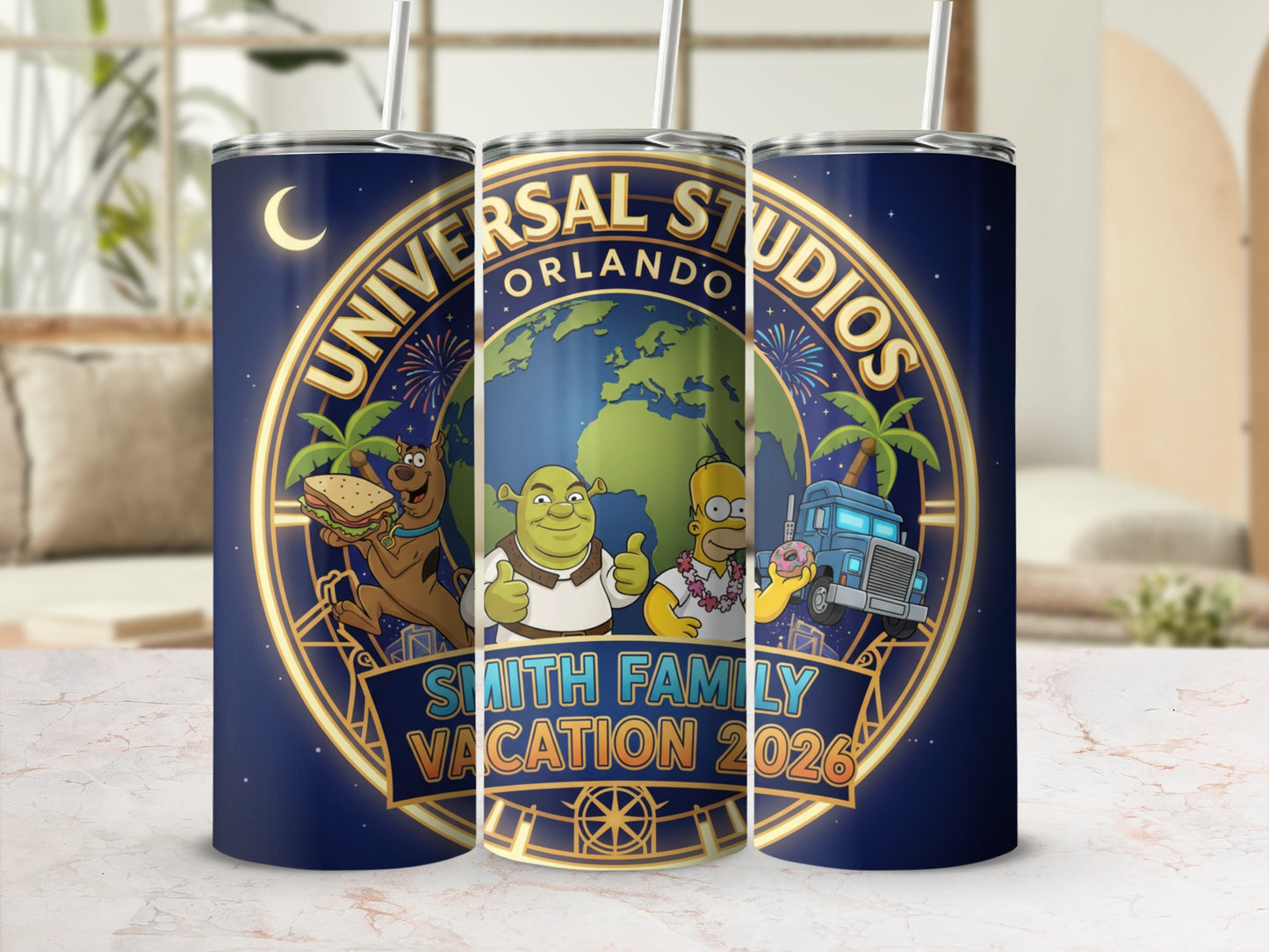 Universal Studios Orlando Smith Family Vacation 2026 tumbler with Shrek and Homer Simpson.