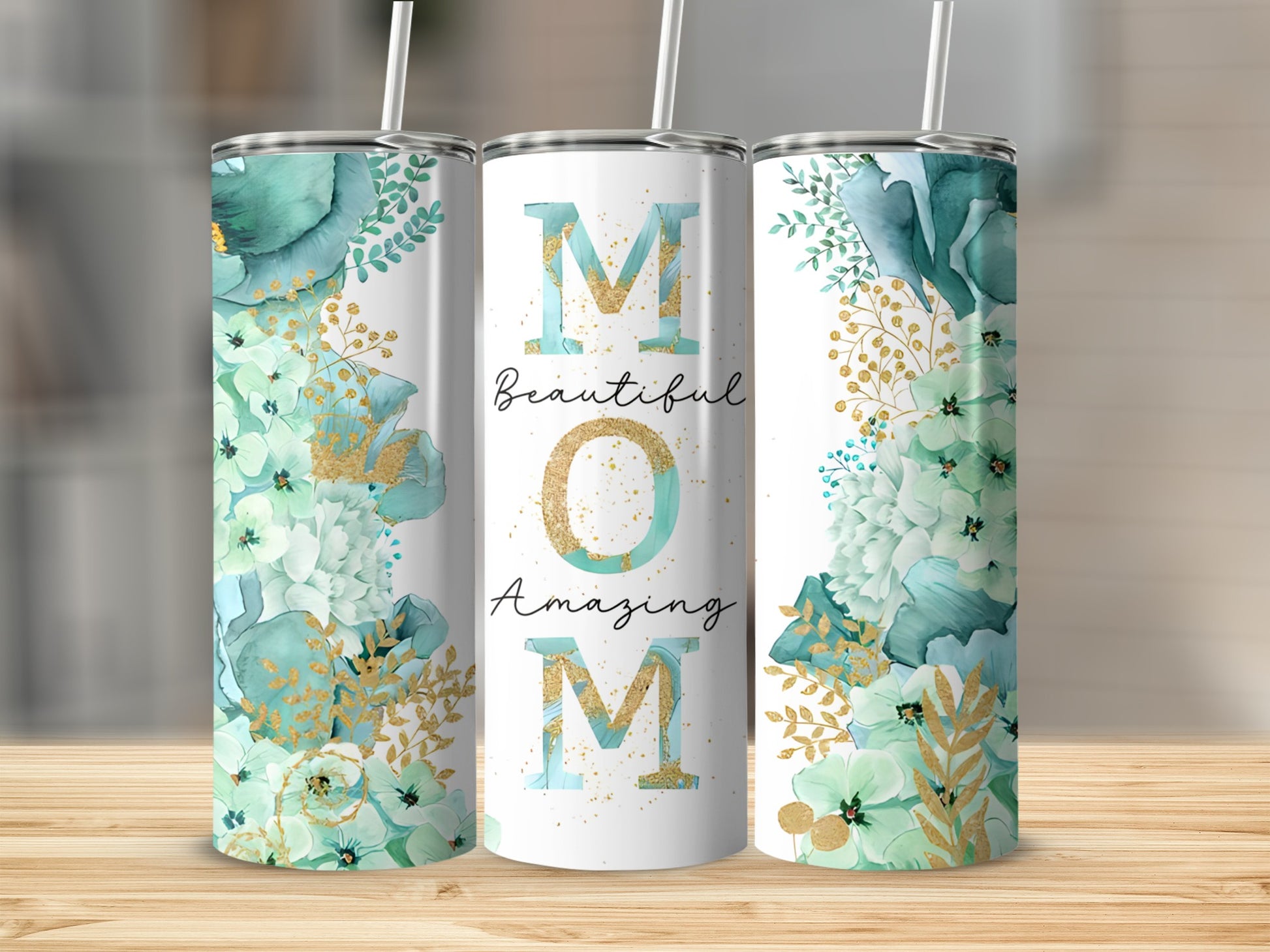 White tumbler with "Beautiful Mom Amazing" and floral design.