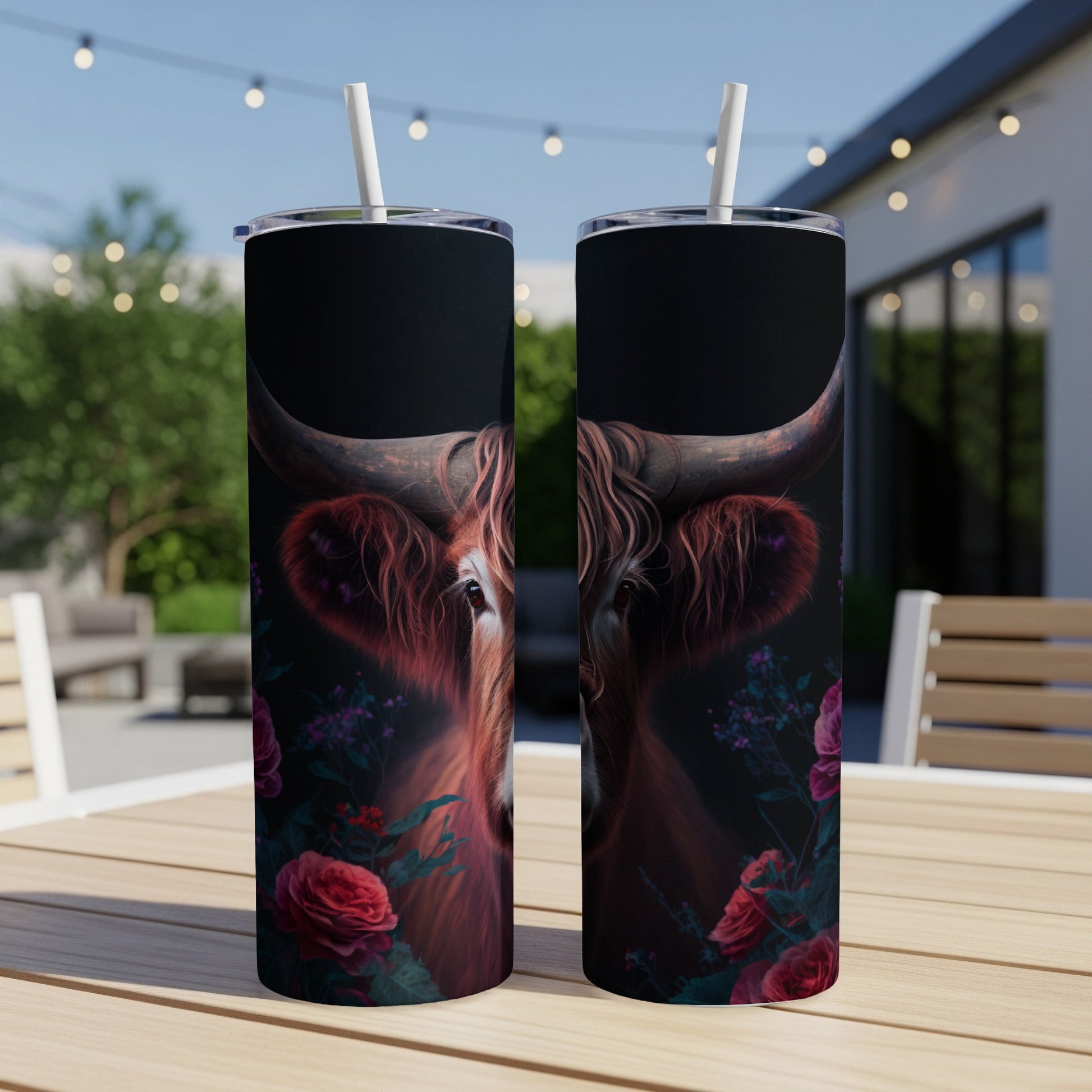 Highland cow with roses on a black background on two tumblers.