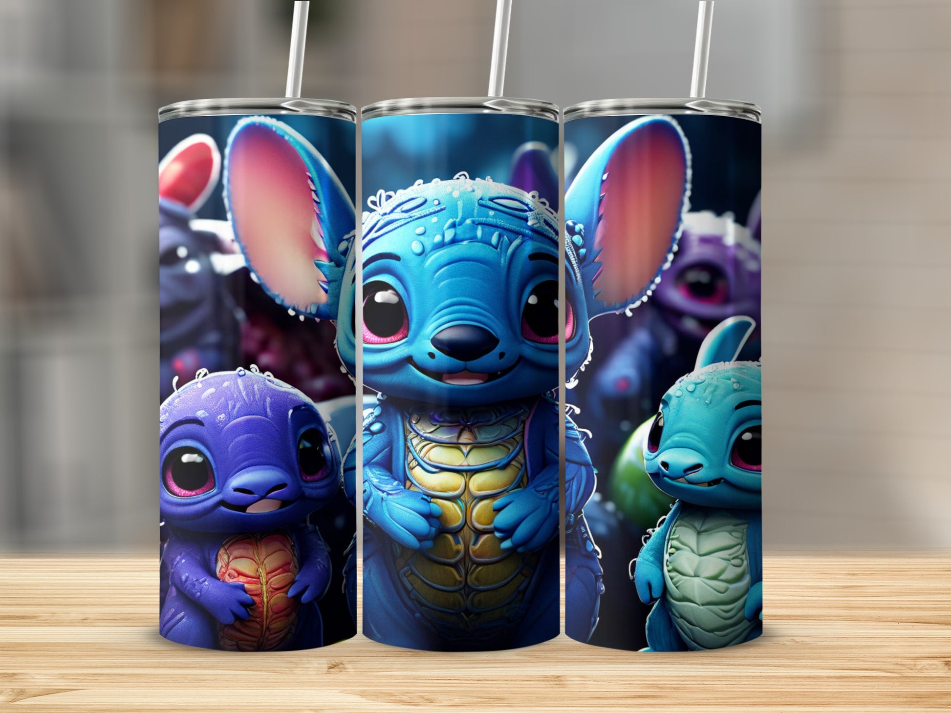 Three blue Stitch characters in varying sizes against a blurred blue background.