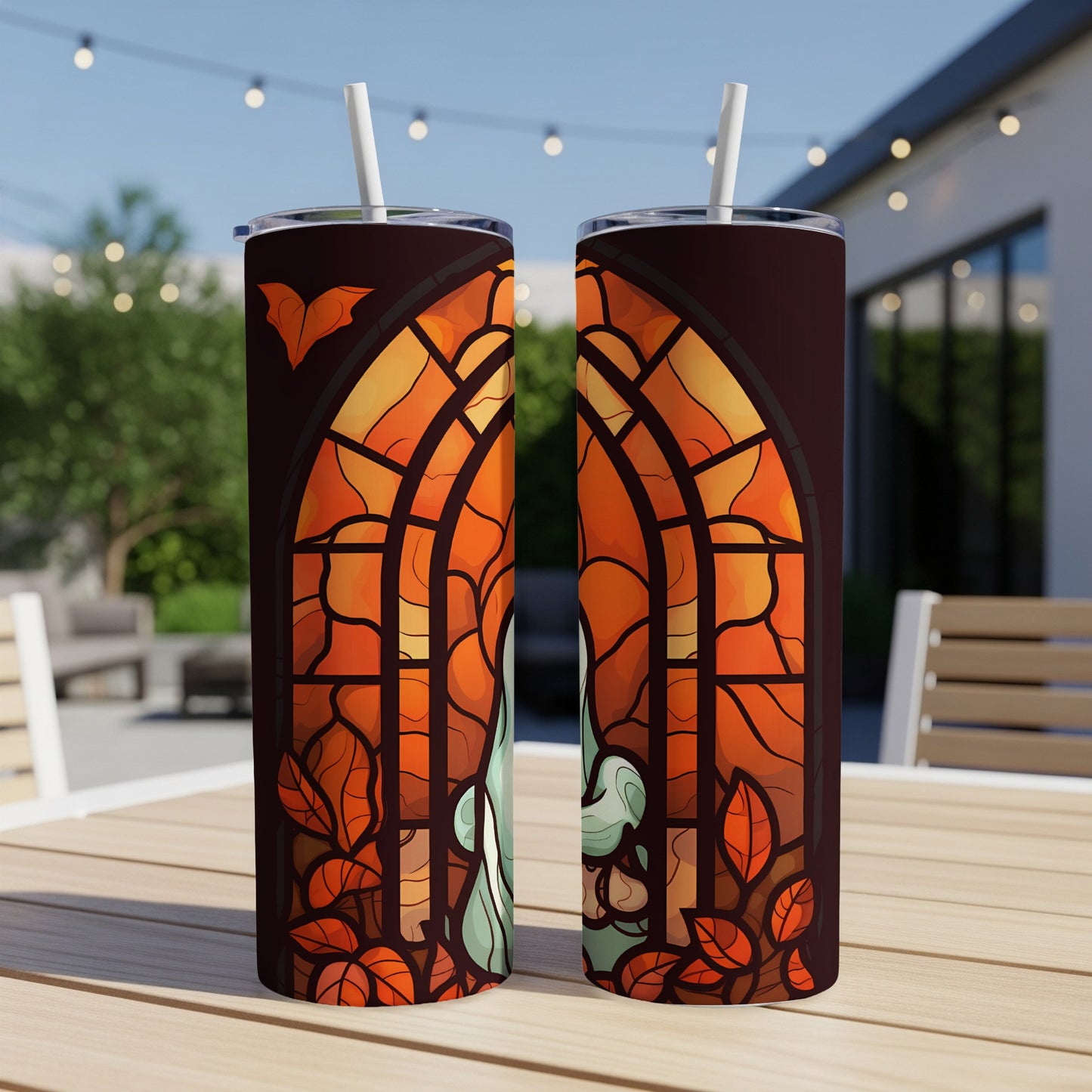 Two tumblers featuring stained glass with a ghost and bats.