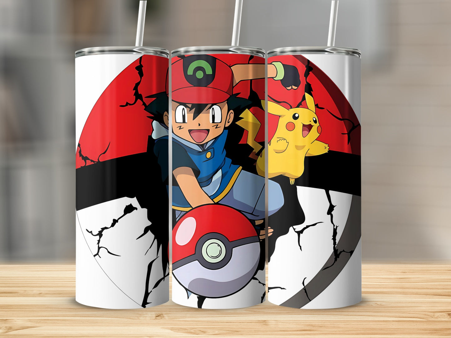 Ash and Pikachu Themed Tumbler with Cracked Pokeball Design