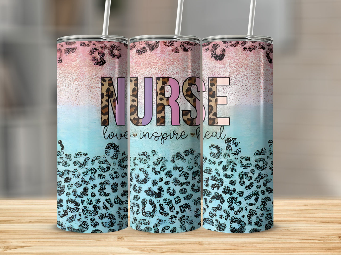 Tall tumbler with "Nurse love inspire heal" text, pink glitter, and leopard print.