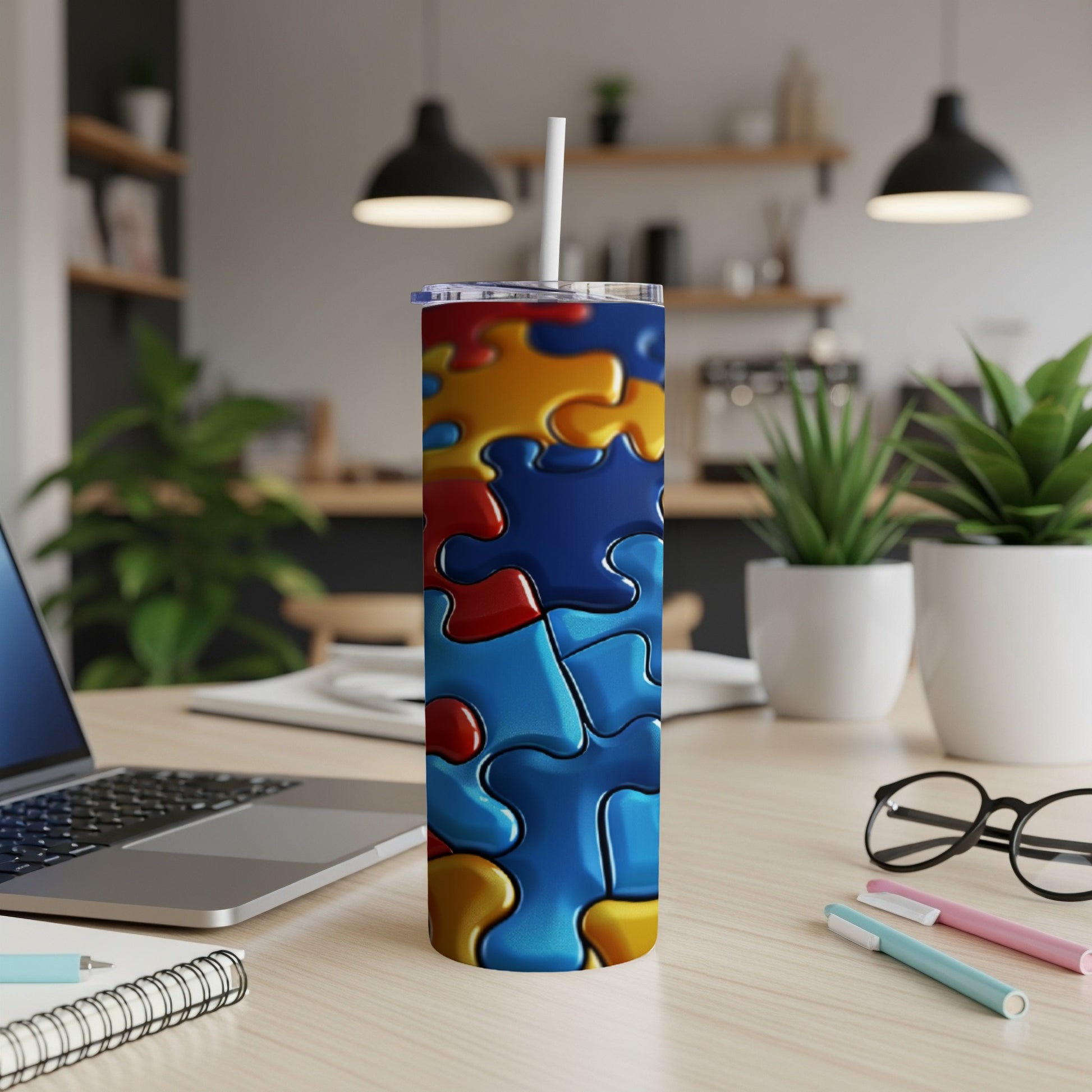 Tumbler with colorful, interlocking puzzle pieces design on a desk.