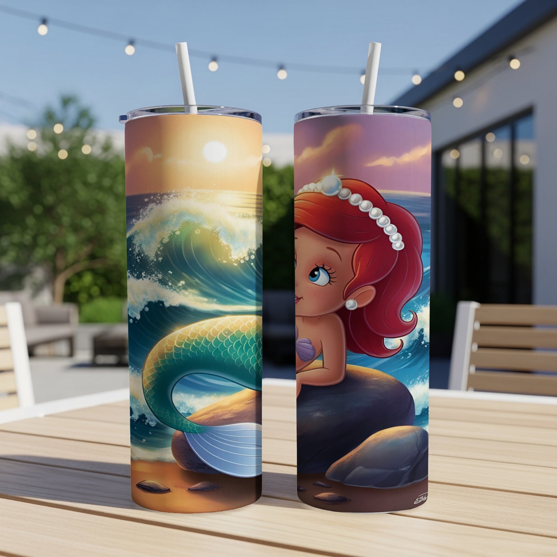 Ariel on a rock with a big wave behind her, on a tumbler.