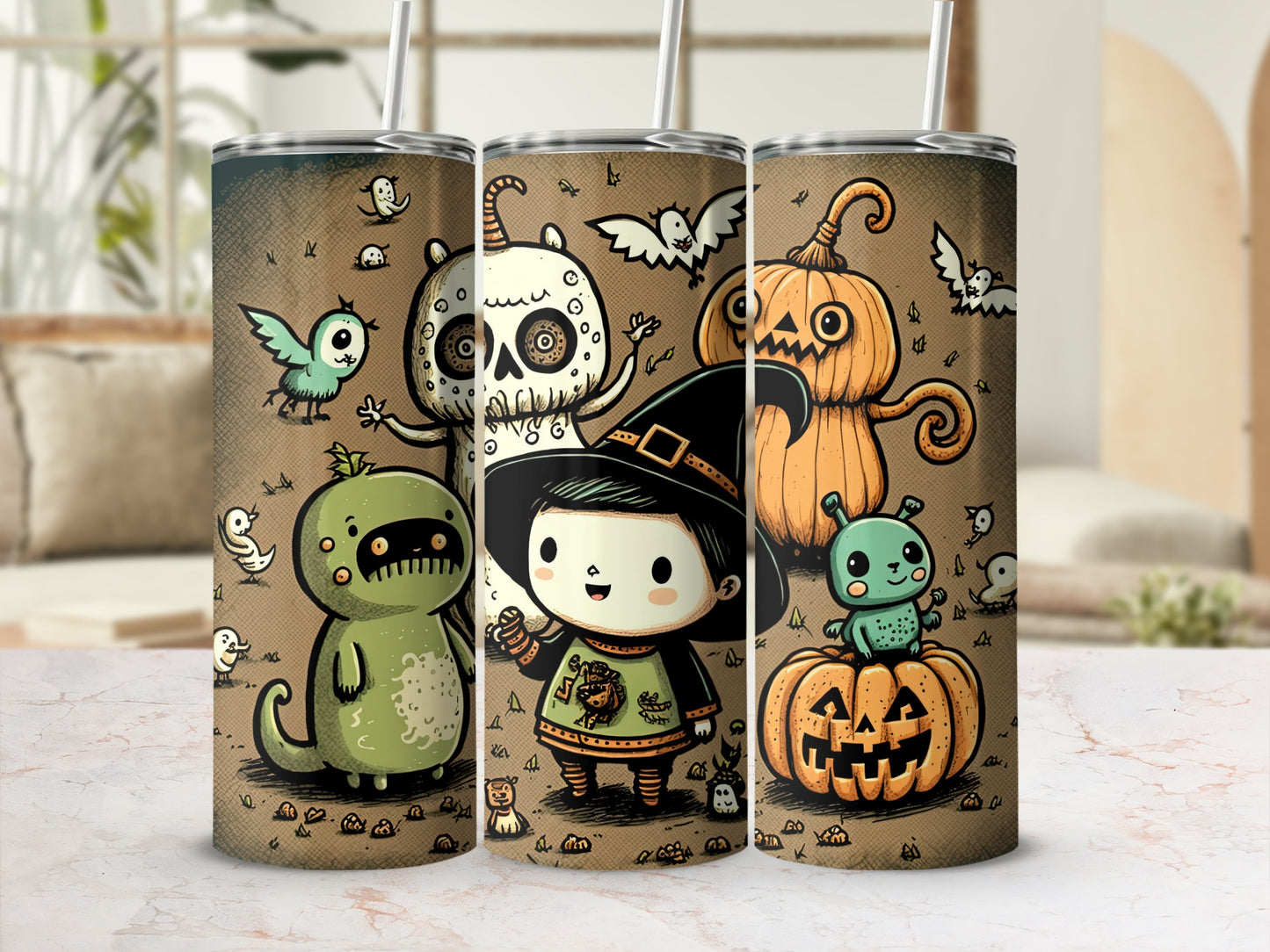 Halloween tumbler featuring cute monsters, a witch, and pumpkins on a brown background.
