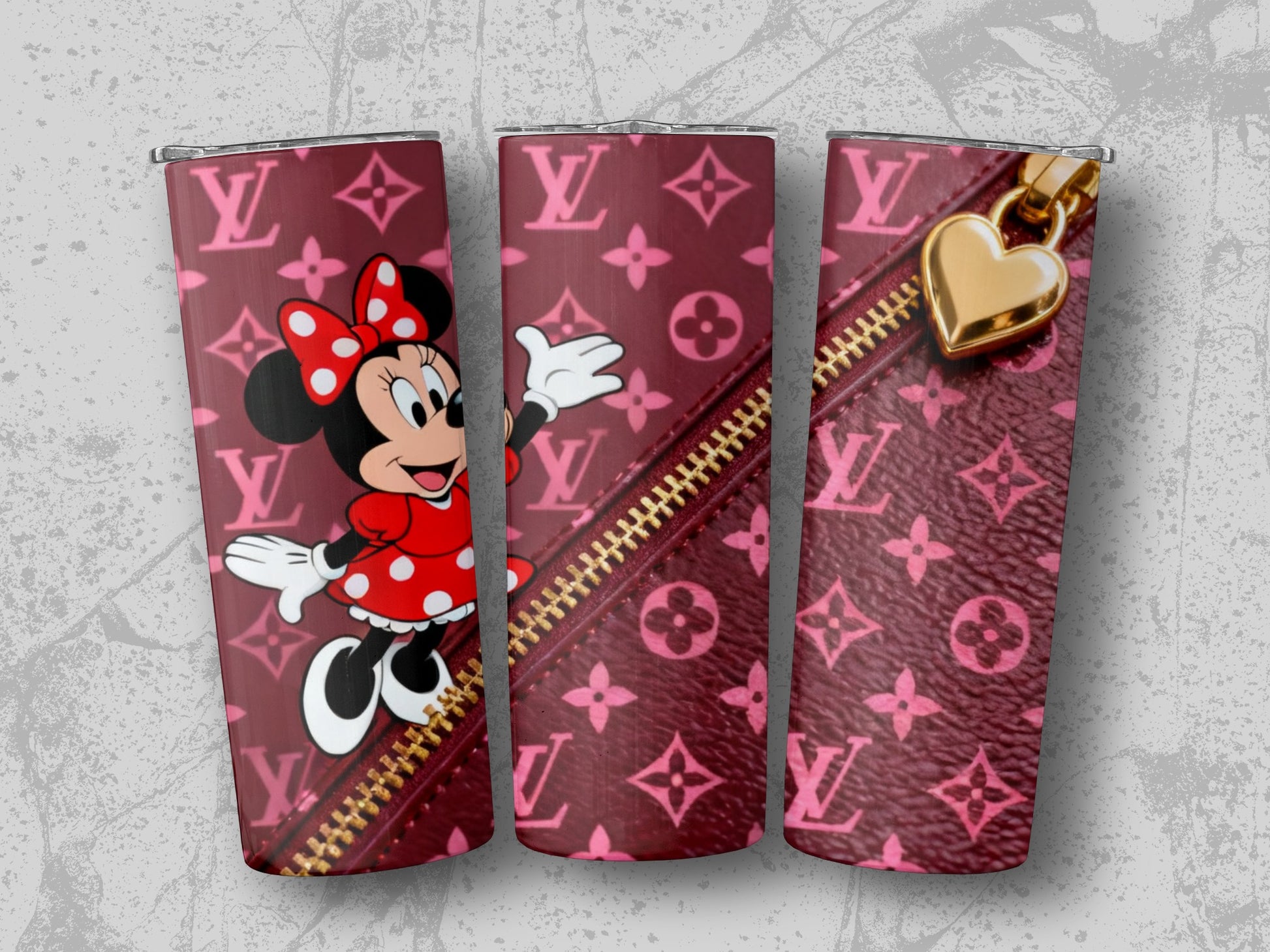 Minnie Mouse on a Louis Vuitton patterned tumbler with a gold zipper.