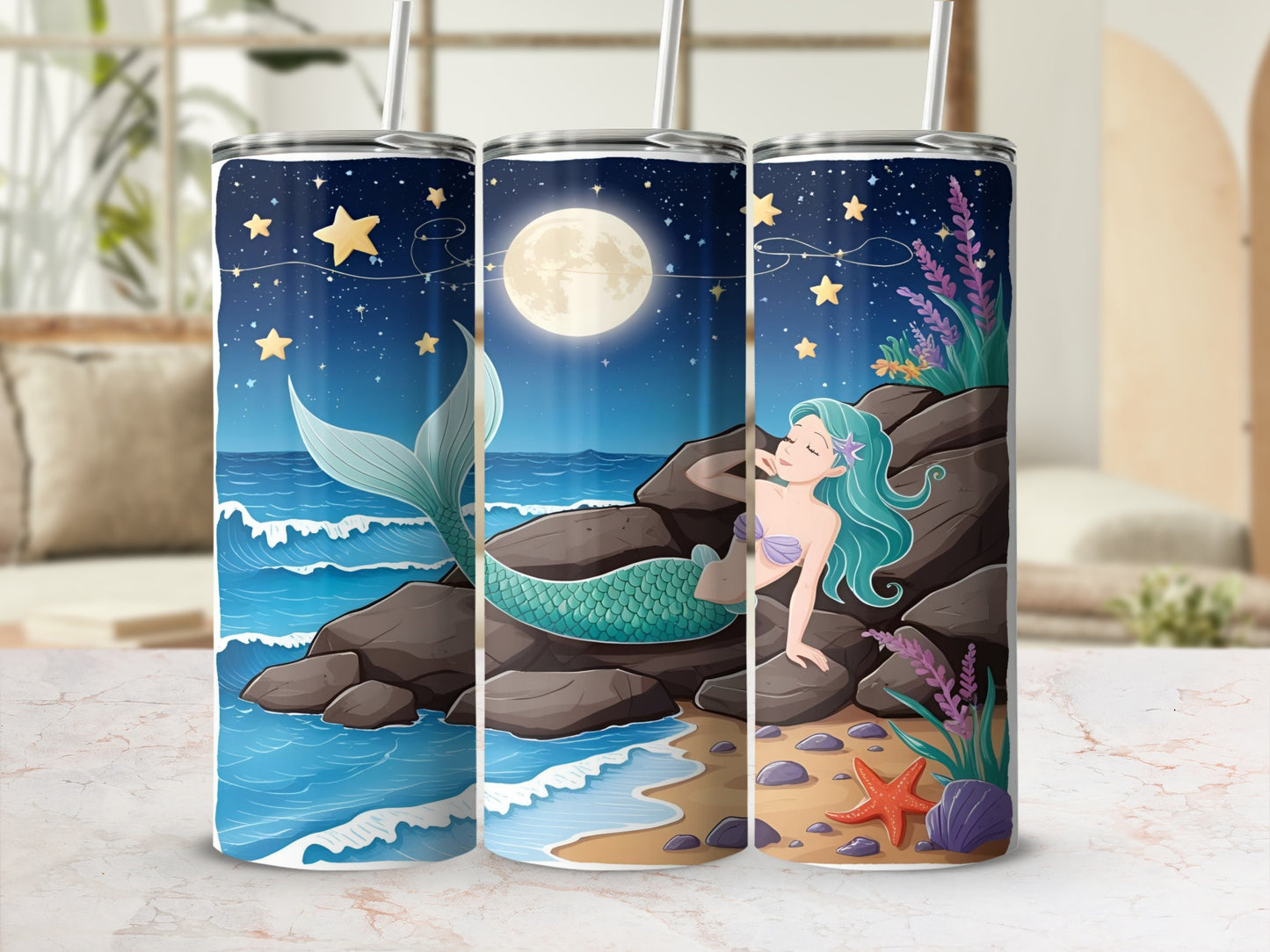 Mermaid on rocks under moonlit sky with ocean waves and starry background.