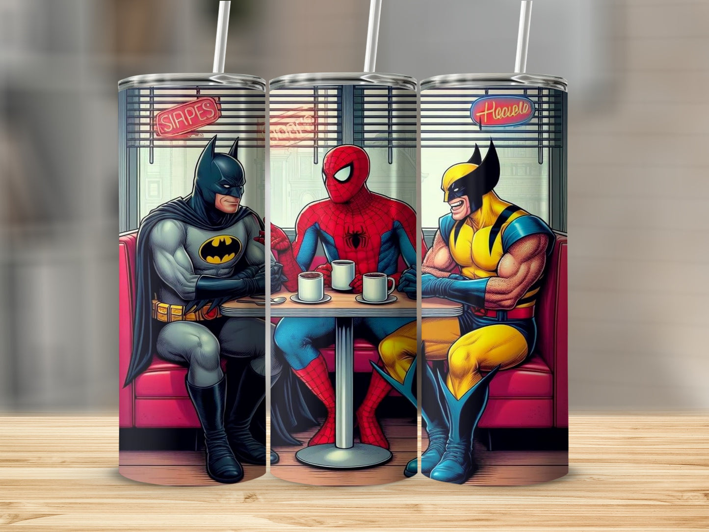 Superhero Meetup Tumbler with Batman Spider-Man Wolverine