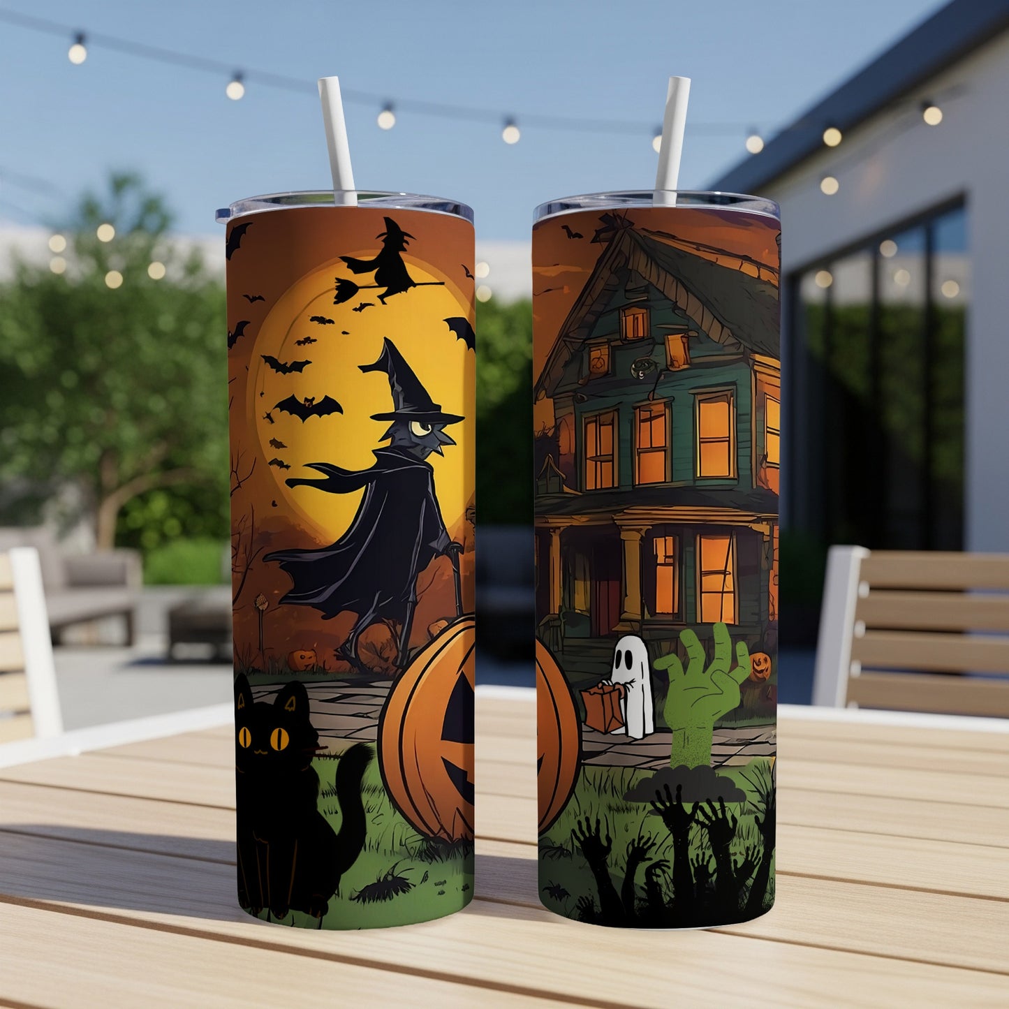 Two tumblers with Halloween illustrations: witch flying, haunted house, ghost, zombies, and black cat.