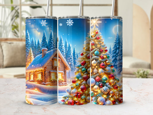 Festive Winter Cabin Christmas Tree Tumbler with Straw