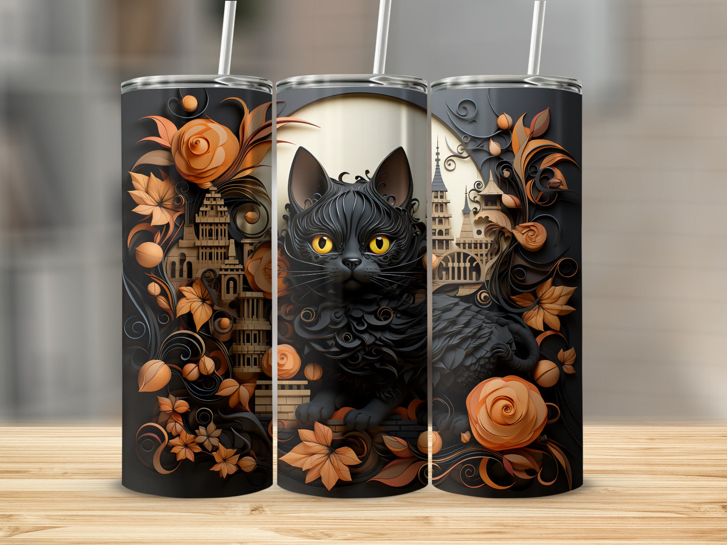 Black cat with yellow eyes on a decorative background with floral and architectural elements.