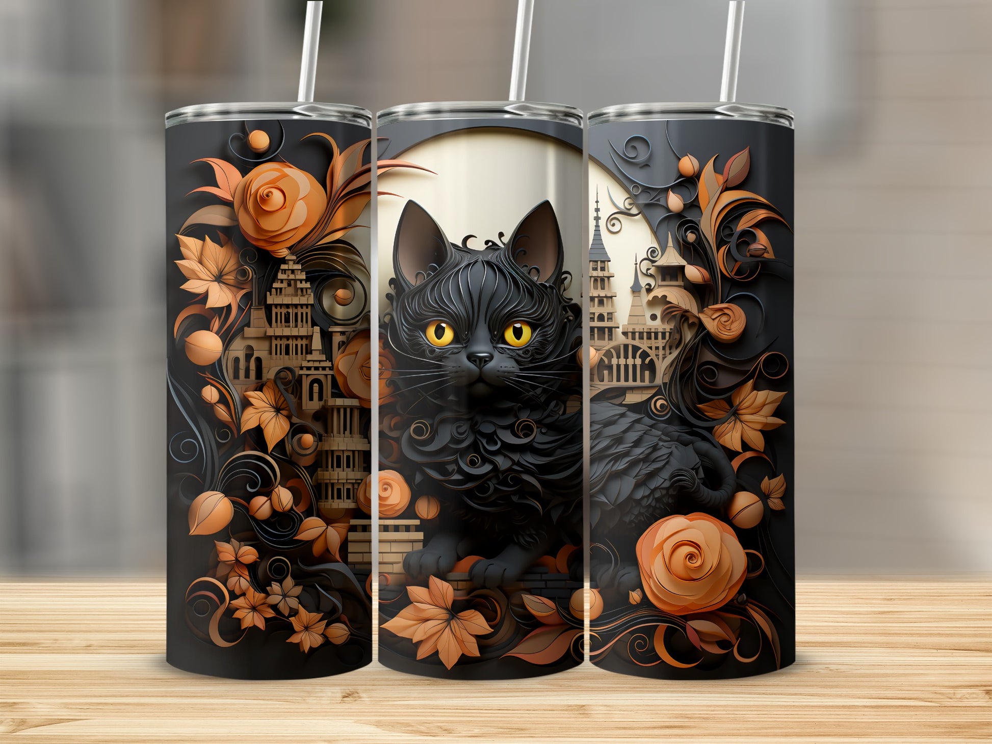 Black cat with yellow eyes on a decorative background with floral and architectural elements.