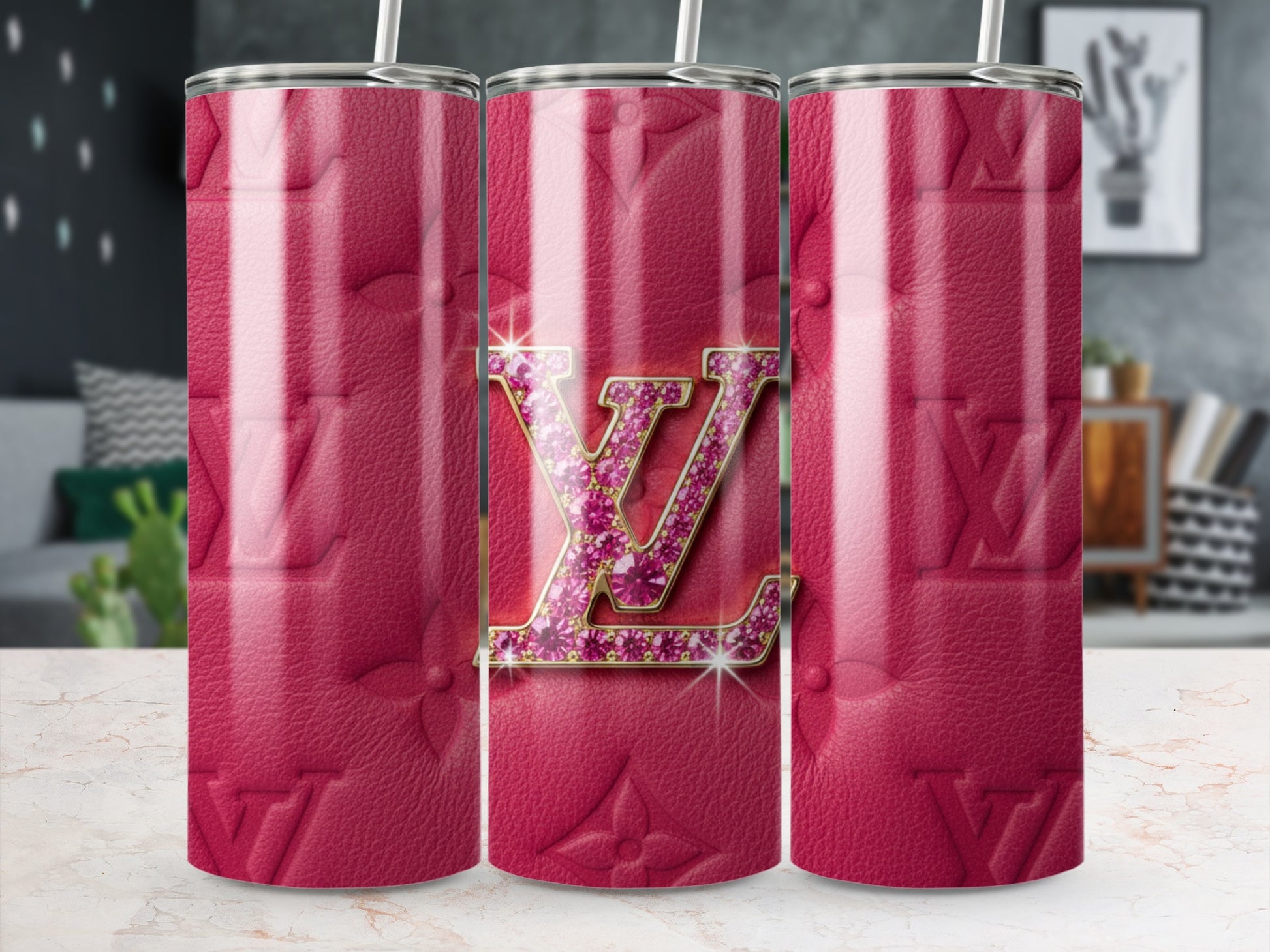 Luxurious Pink Rhinestone LV Design Tumbler