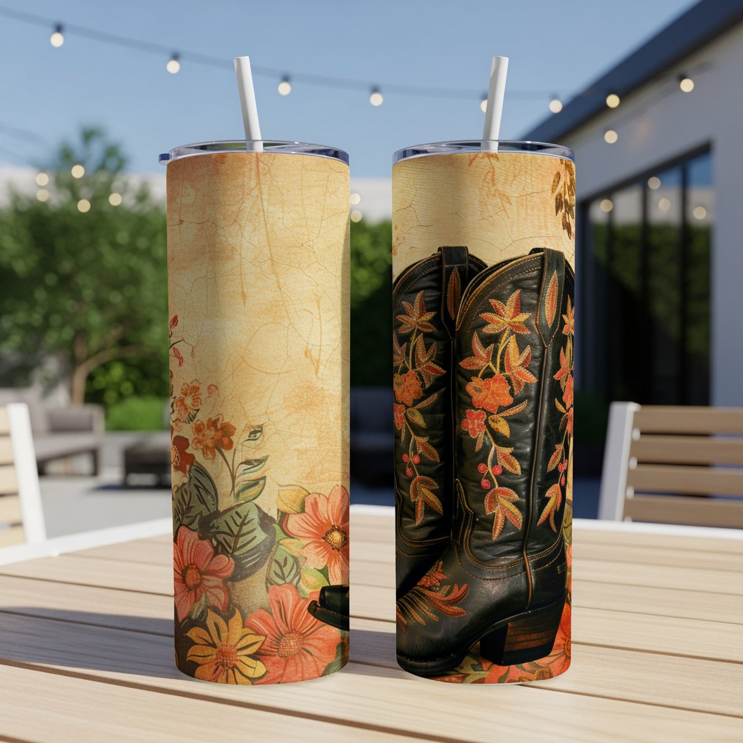 Cowboy boots with floral design on a textured background, two tumblers.