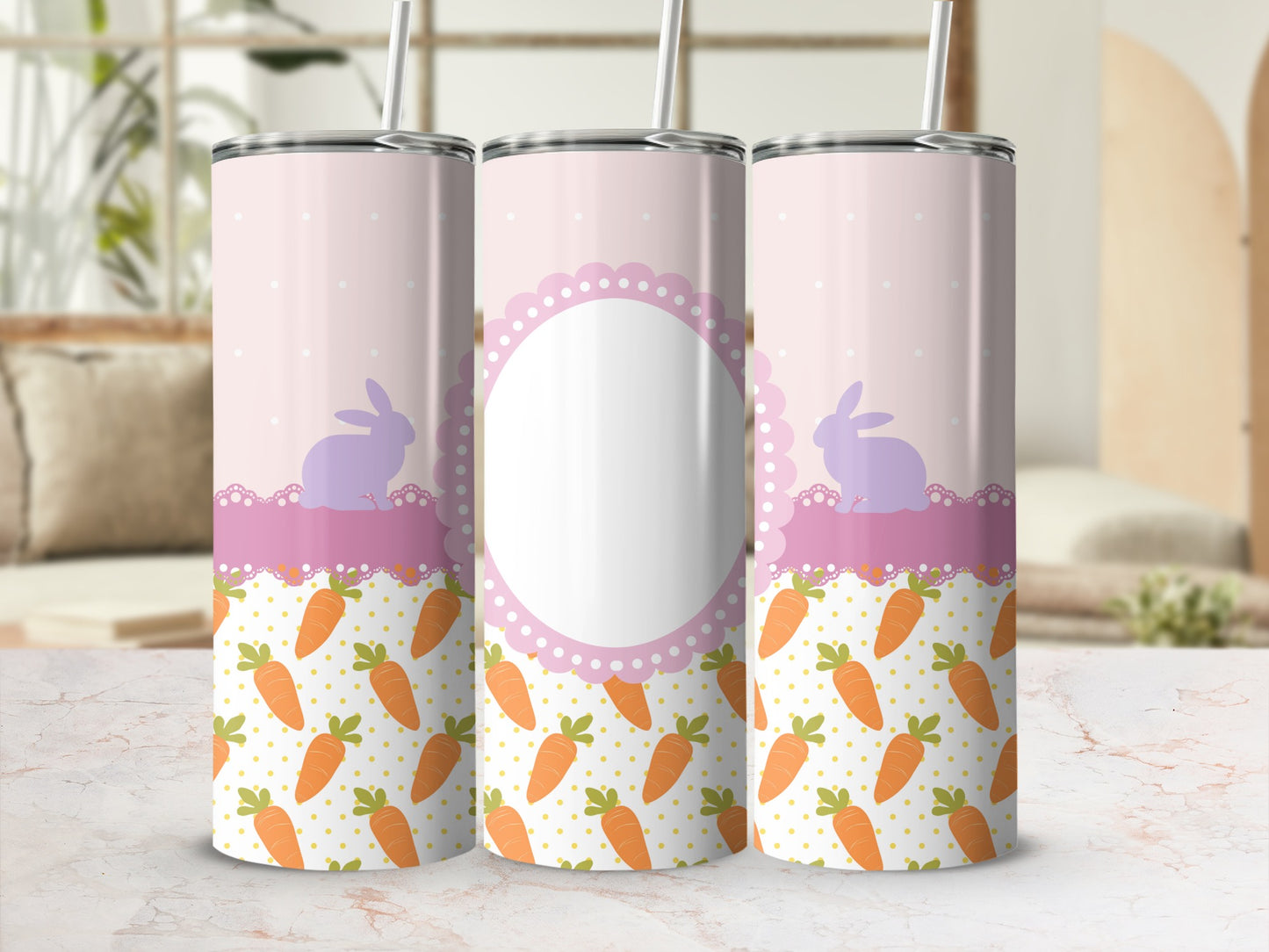 Easter themed tumbler with bunnies, carrots, and a decorative scalloped circle.