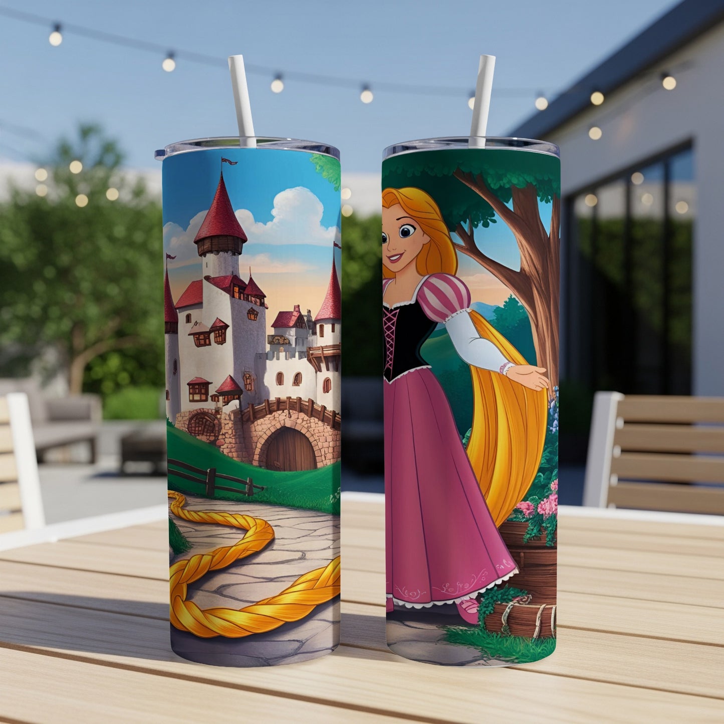Rapunzel with long blonde hair and castle illustration on two tumblers.