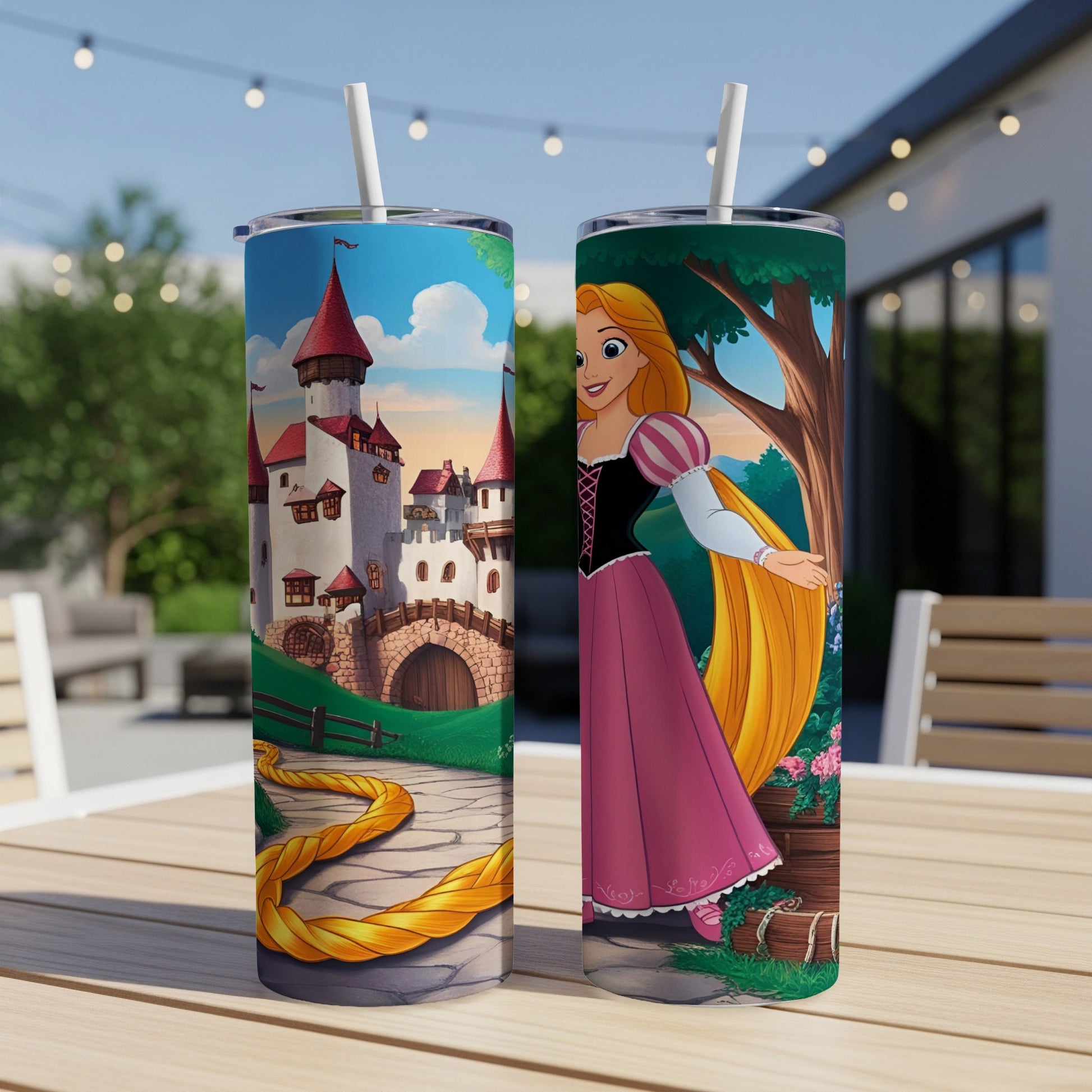 Rapunzel with long blonde hair and castle illustration on two tumblers.