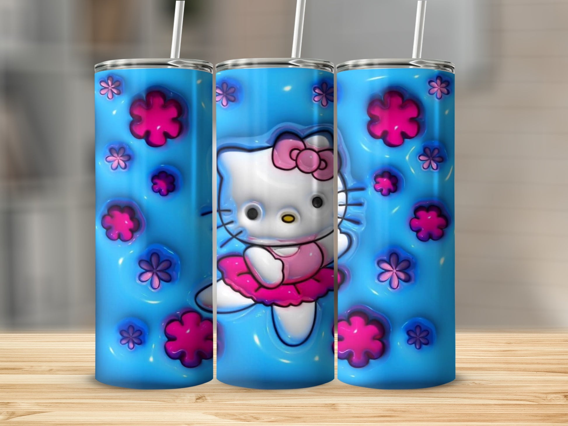 Cute Cartoon Kitty Tumbler with Pink Floral Accents