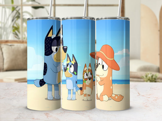 Bluey and Bingo characters on a beach scene tumbler design.