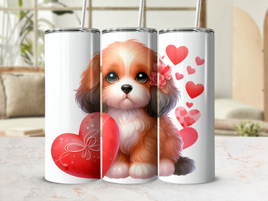Puppy with heart decorations on three tumblers.