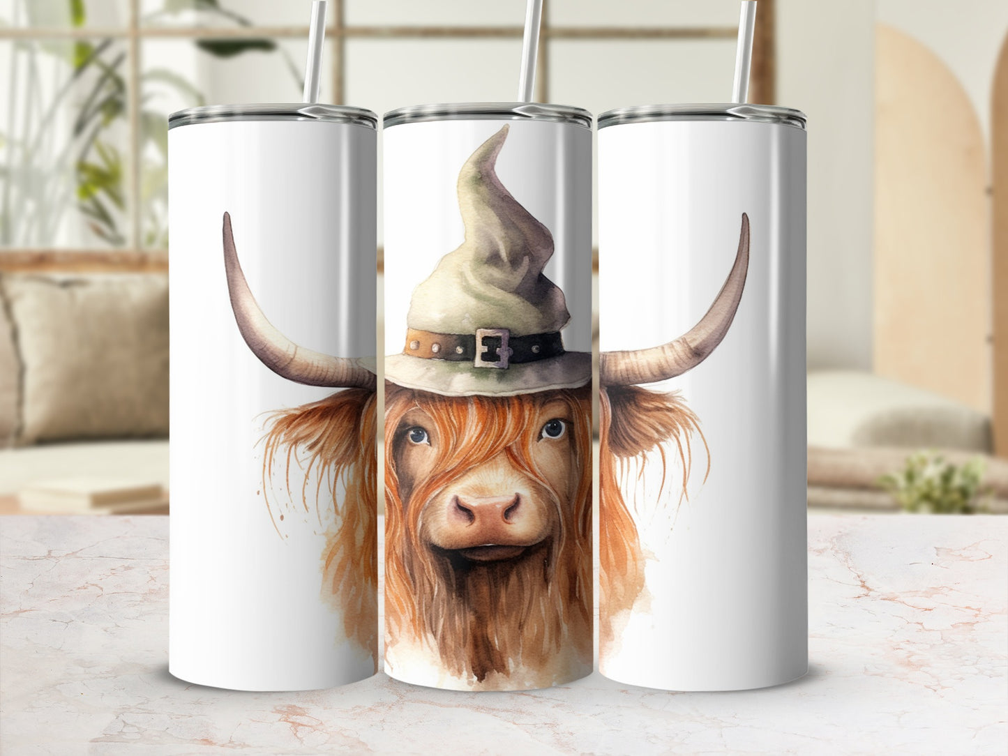 Watercolor Highland cow in witch hat on a white tumbler.