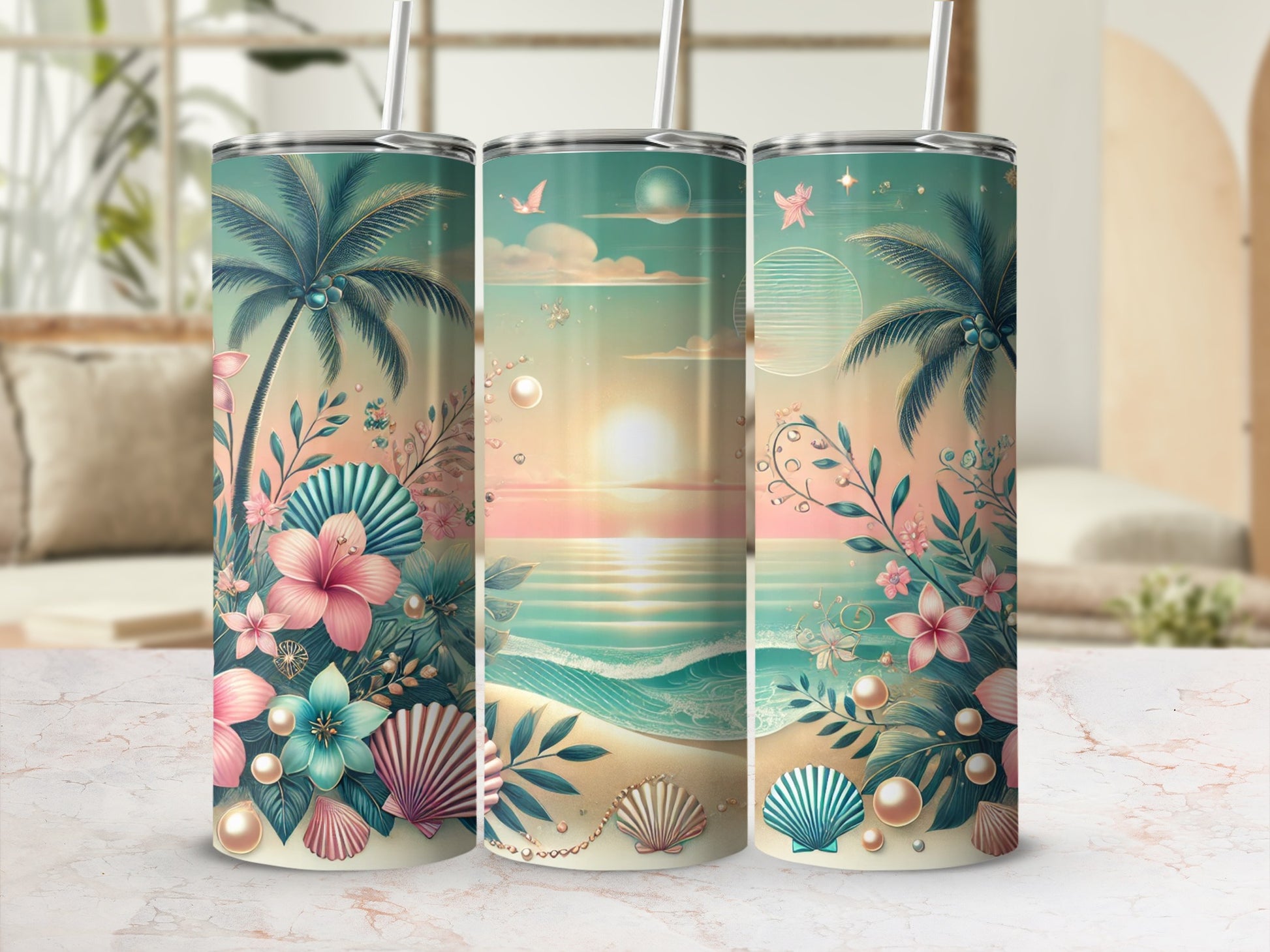Tropical beach sunset scene with palm trees, seashells, and flowers on three tumblers.