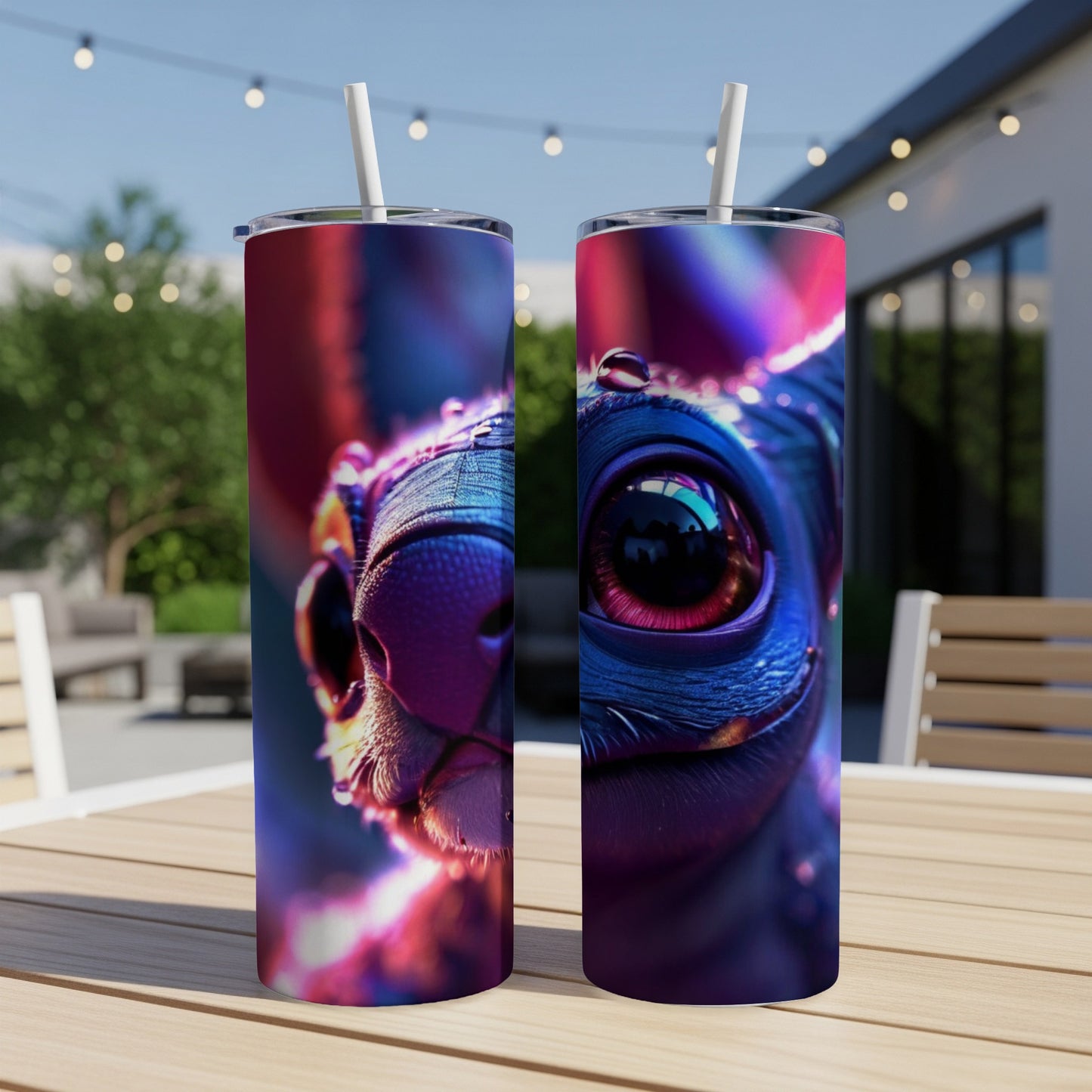 Two tumblers with a close-up alien-like creature face design.