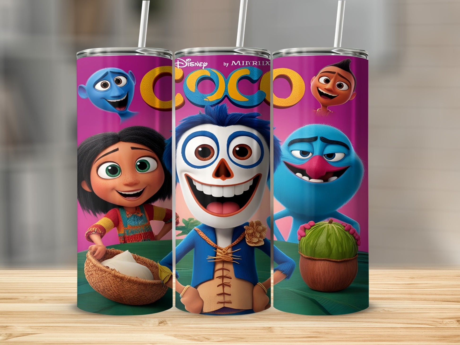 Coco movie characters Miguel, Hector, and Dante on a blue tumbler.