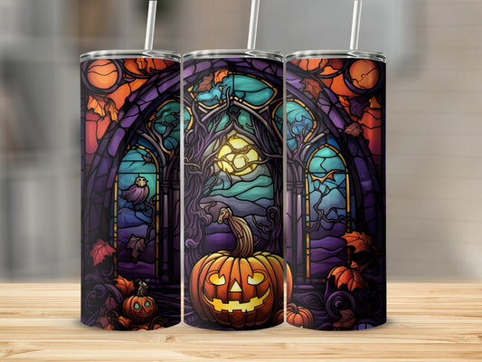 Three Halloween-themed tumblers featuring a stained-glass window with a pumpkin and owl.