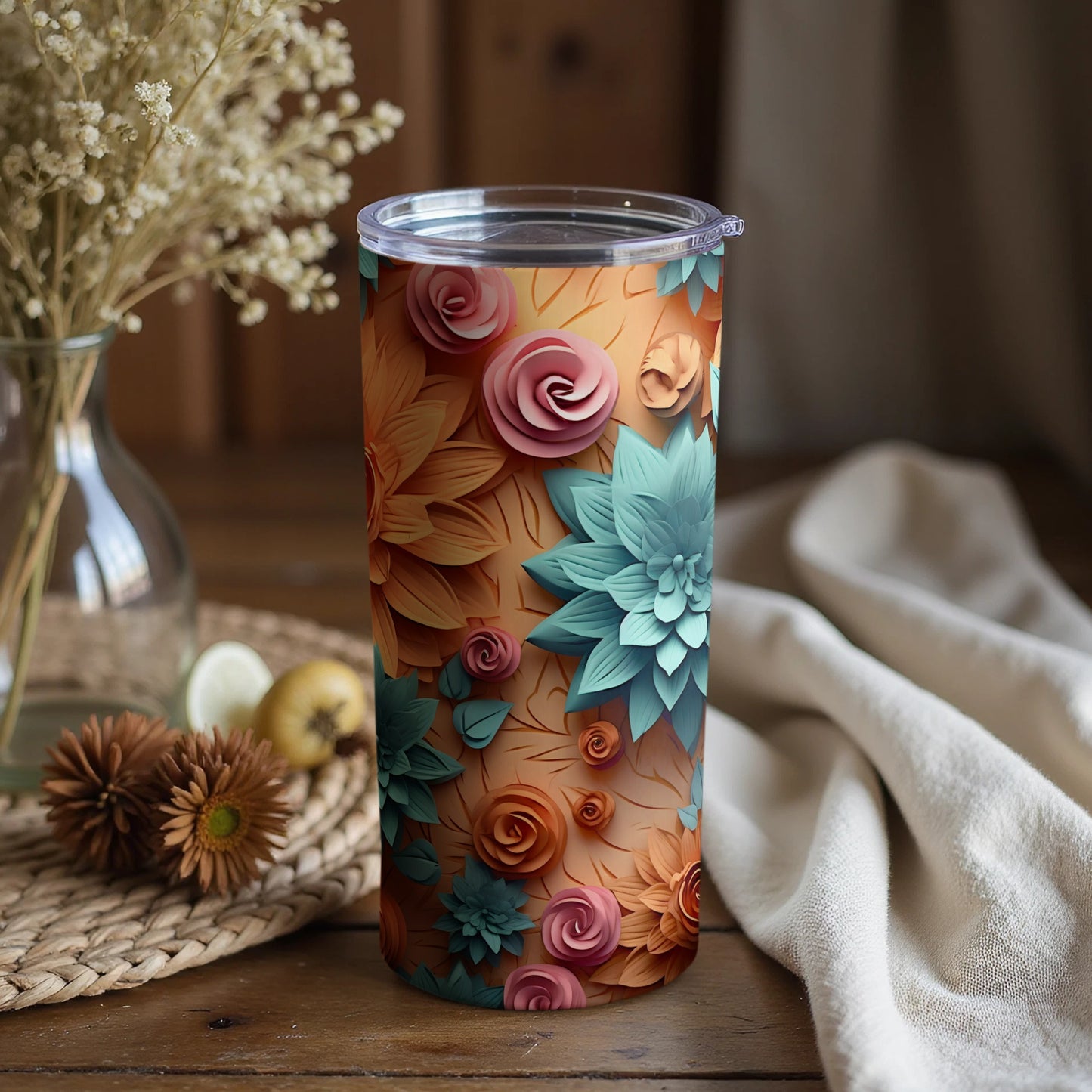 Floral Patterned Insulated Tumbler Cup for Hot or Cold Drinks