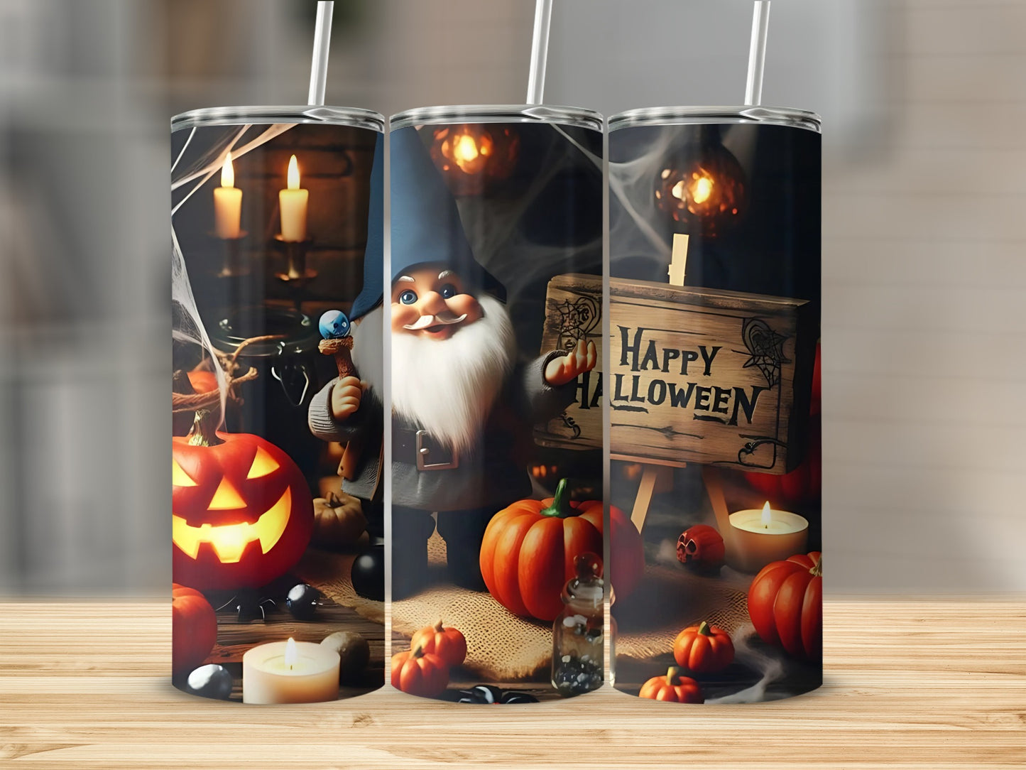 Halloween gnome with pumpkins, candles, and "Happy Halloween" sign on tumblers.