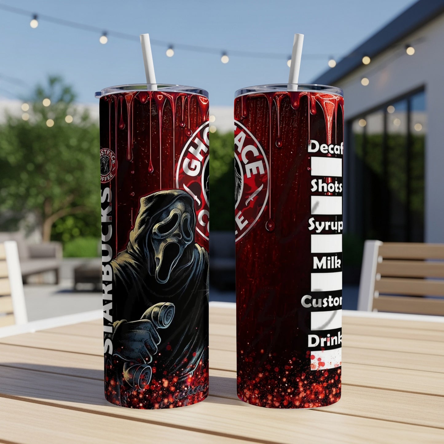 Screaming ghost face with Starbucks and drink order text on a red tumbler.