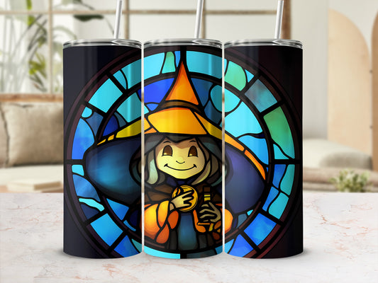 Triptych of tumblers featuring a cartoon witch with a stained glass window background.