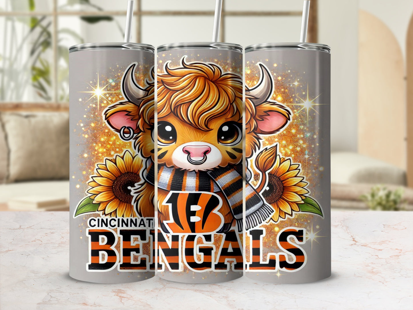 Cincinnati Bengals tumbler with a cute bull mascot, sunflowers, and glitter.