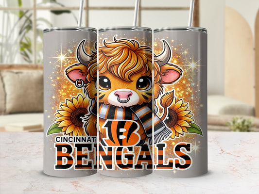 Cincinnati Bengals tumbler with a cute bull mascot, sunflowers, and glitter.