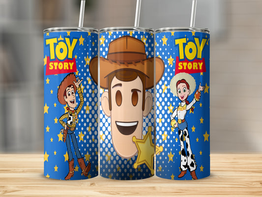 Toy Story Woody and Jessie stainless steel tumblers with stars.