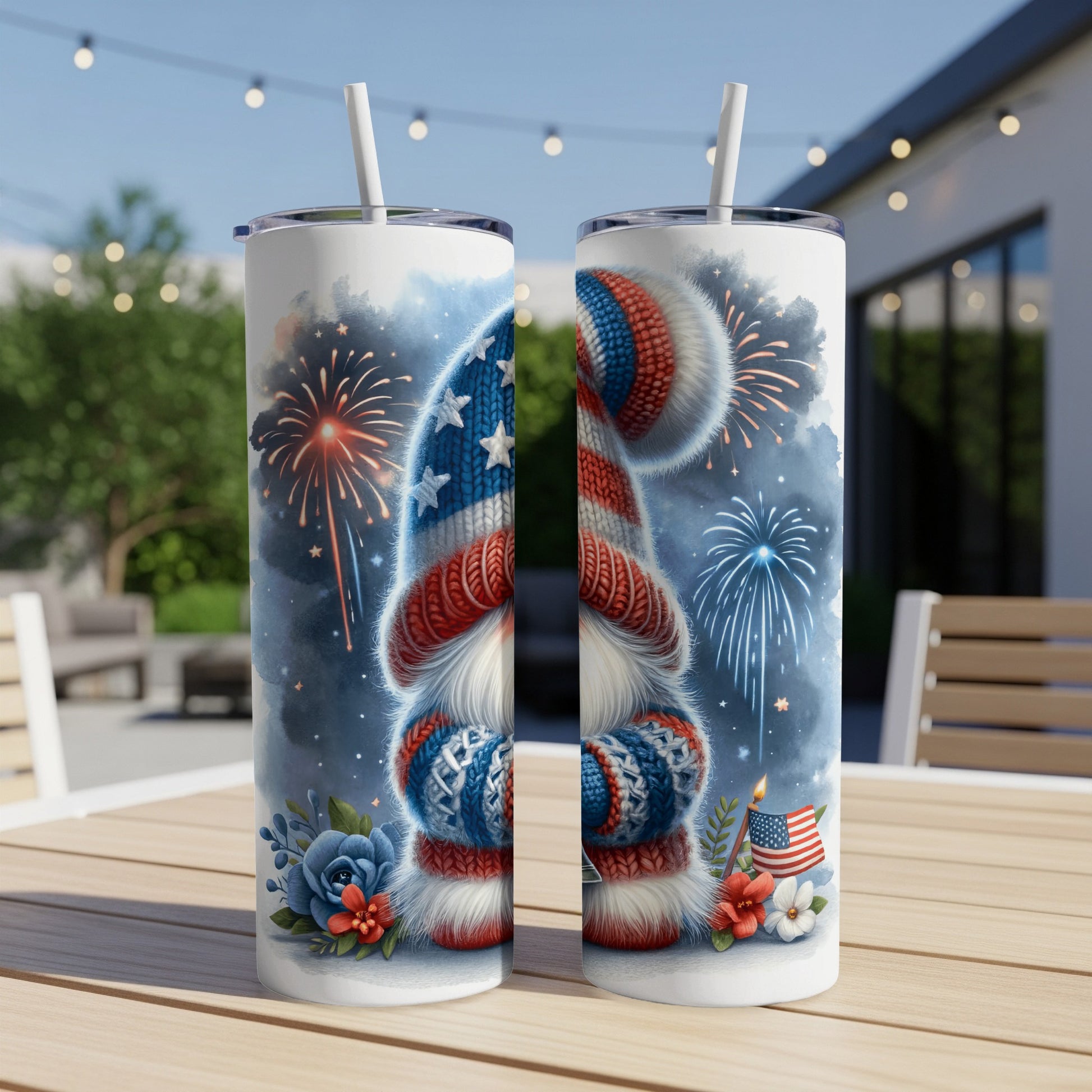 Gnome tumbler with patriotic American flag design and fireworks.