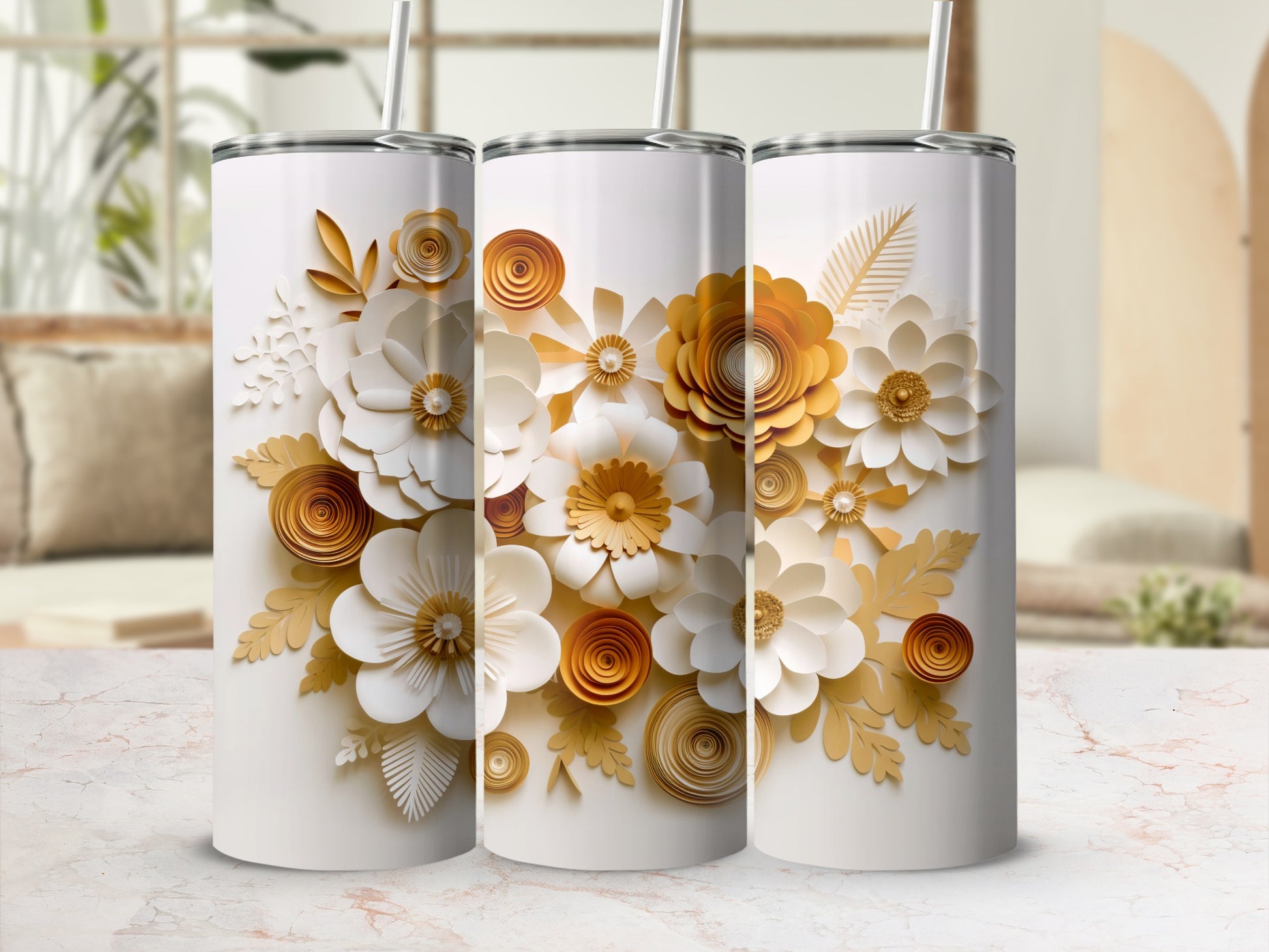 Elegant White Gold Floral Design Tumbler Cup for Drinks