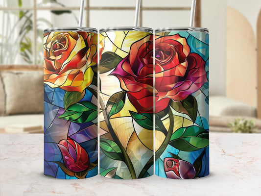 Three tumblers with stained glass rose designs.
