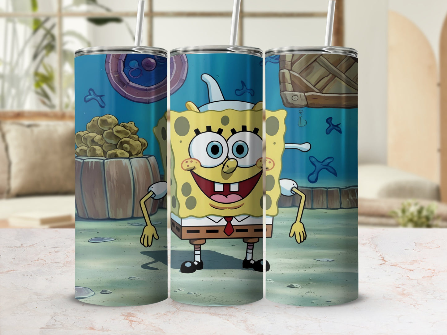 SpongeBob SquarePants character on three tumblers with cartoon underwater background.