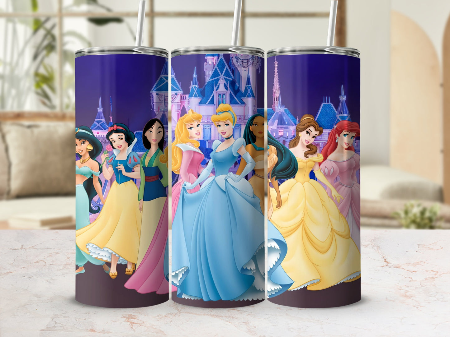 Colorful Disney Princesses Tumbler with Iconic Castles