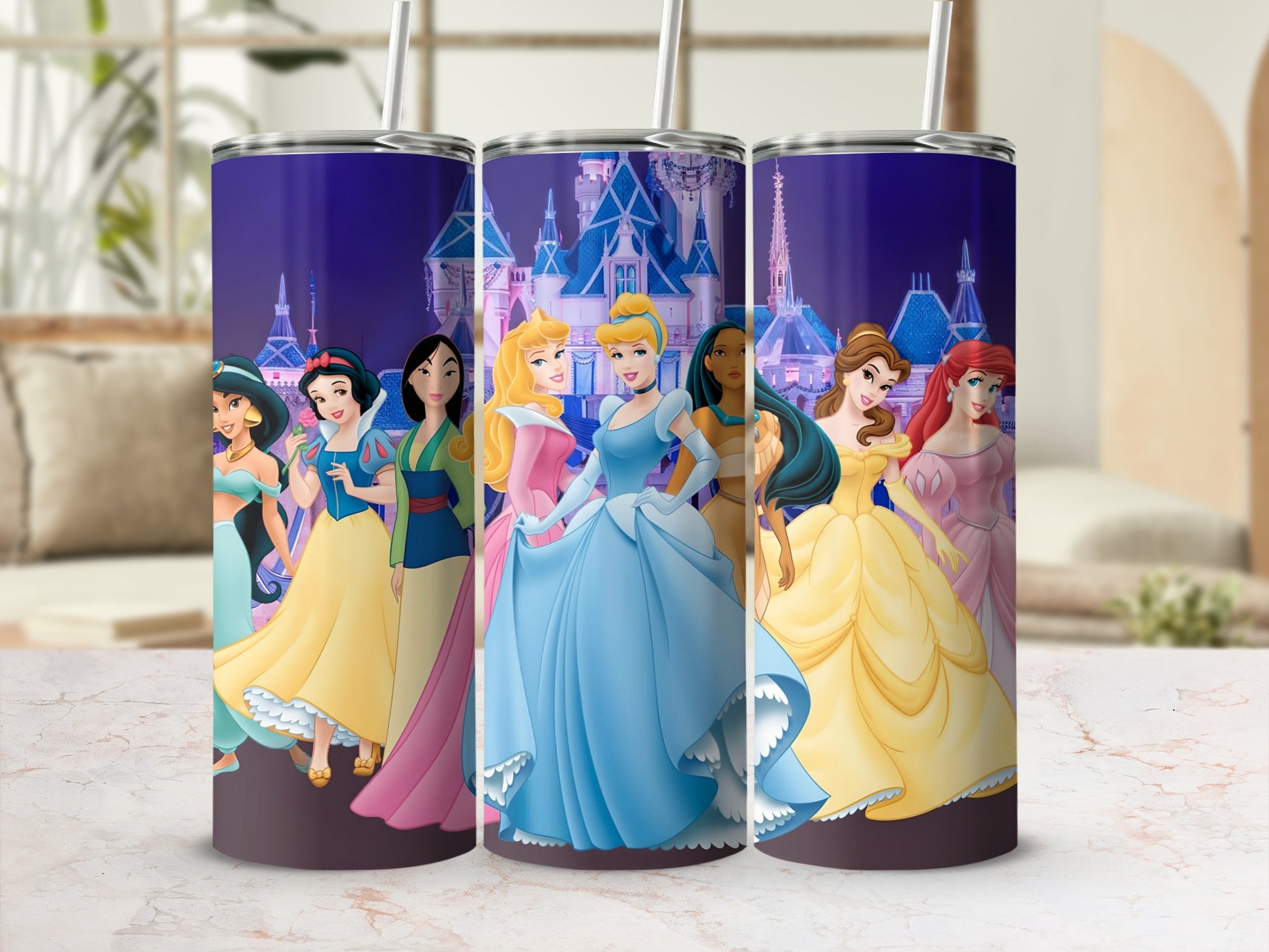 Colorful Disney Princesses Tumbler with Iconic Castles