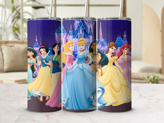 Colorful Disney Princesses Tumbler with Iconic Castles