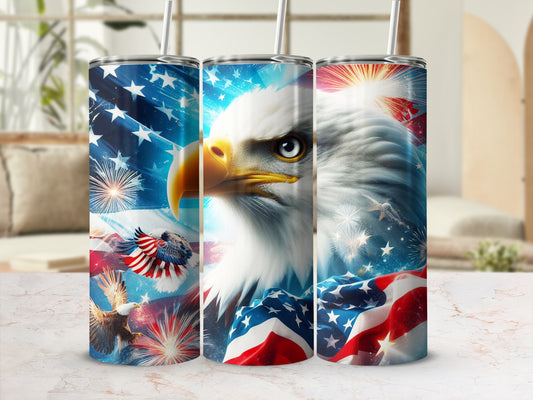 Eagle and American flag design on three tumblers with fireworks.